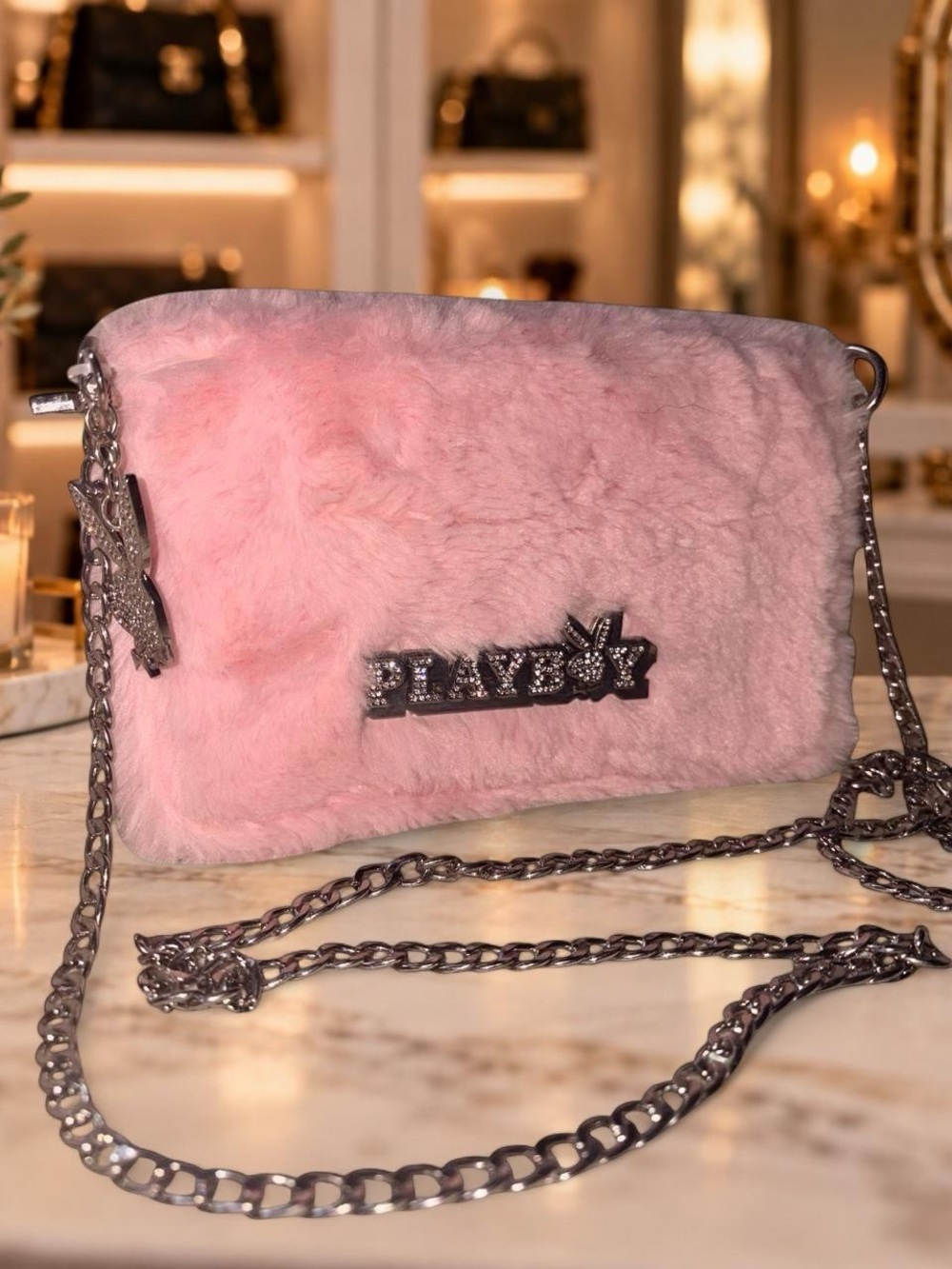 Playboy Pink Faux Fur Rhinestone Crossbody Bag